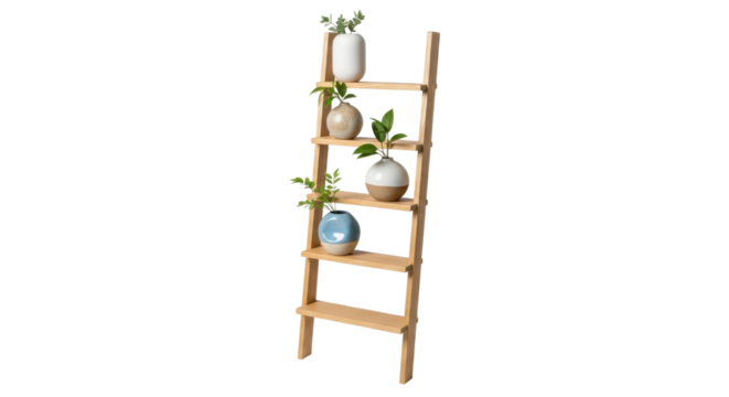 Wooden ladder shelf with potted plants on black background