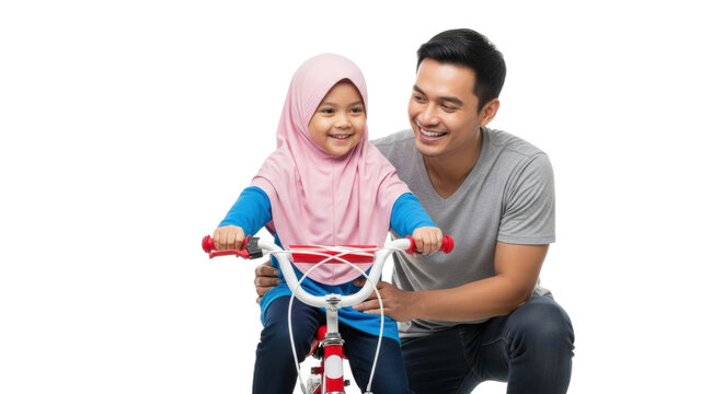 Asian father teaching young daughter to ride bicycle with joyful encouragement