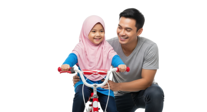 Asian father teaching young daughter to ride bicycle with joyful encouragement