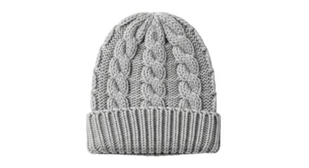 Gray knitted beanie with cable knit pattern on black background
