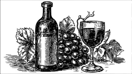 Vintage wine bottle and glass with grapes and leaves. Black and white outline vector illustration set.