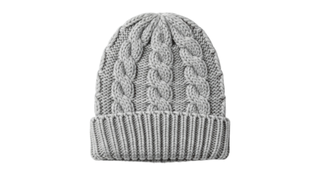 Gray knitted beanie with cable knit pattern on black background