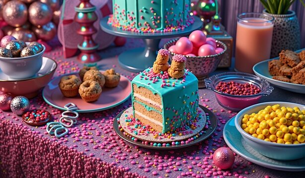 Colorful dessert table with sprinkles, blue cake, cookies, and holiday decorations
