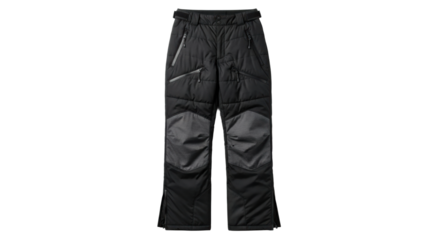 Black insulated snow pants with reinforced knee panels and zipper pockets