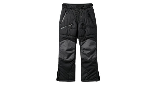 Black insulated snow pants with reinforced knee panels and zipper pockets