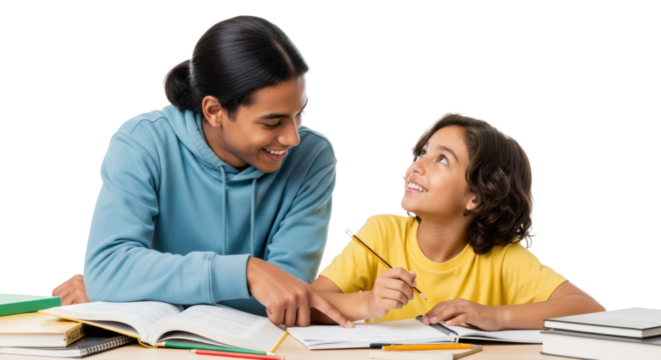 Hispanic male teen helping hispanic child with homework at table