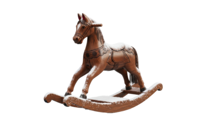 Wooden rocking horse with snow dusting on black background