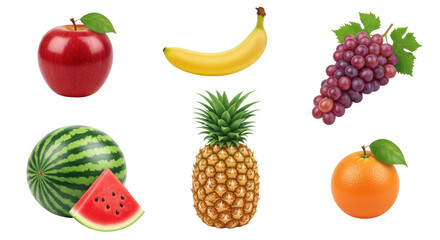 Variety of fresh fruits: apple, banana, grapes, watermelon, pineapple, orange