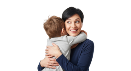 Caucasian young boy hugging adult woman smiling affectionately with joyful expression