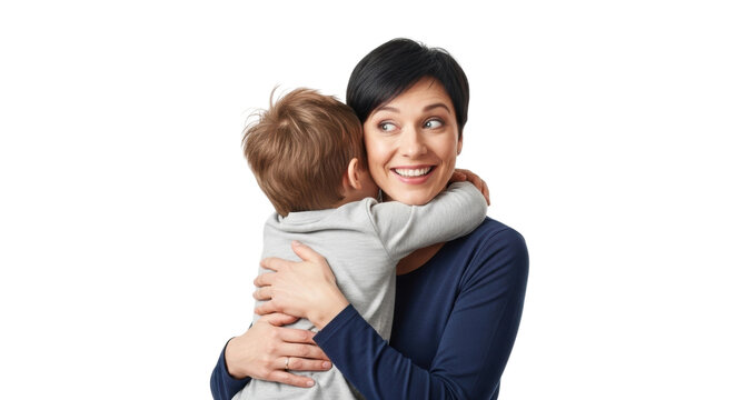 Caucasian young boy hugging adult woman smiling affectionately with joyful expression