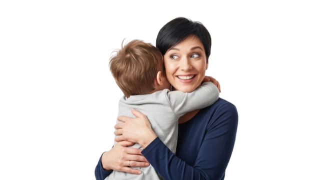 Caucasian young boy hugging adult woman smiling affectionately with joyful expression