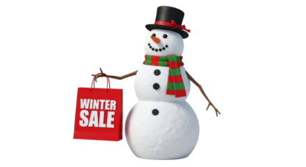 Cheerful snowman holding red winter sale shopping bag with hat and scarf