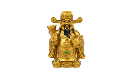 Golden chinese wealth god statue holding ingot and scepter