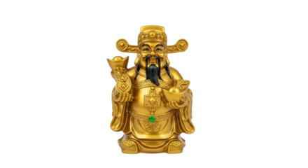 Golden chinese wealth god statue holding ingot and scepter