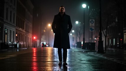 Solitary walk: man in coat traverses rain-slicked city street on a moody night ambiance - Powered by Adobe