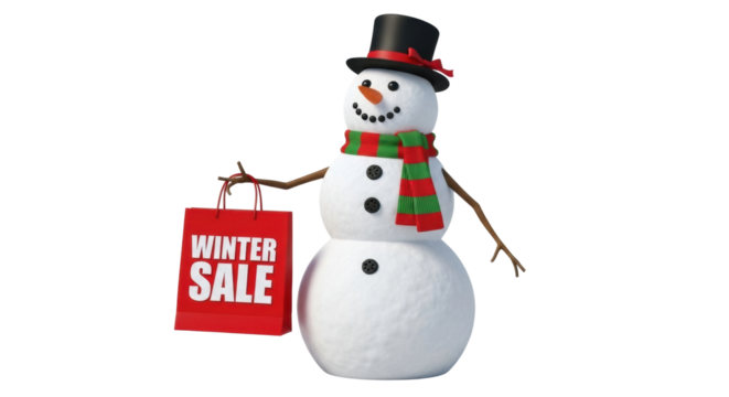 Cheerful snowman holding red winter sale shopping bag with hat and scarf