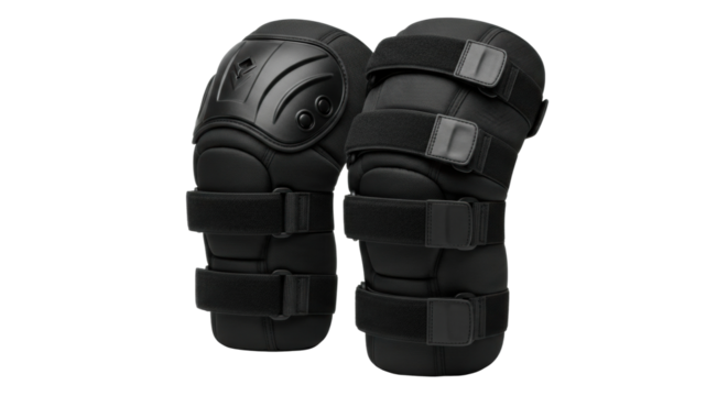Black tactical knee pads with adjustable straps for outdoor and sports activities