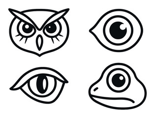 Graphic design icons of owl, fish, cat, and frog eyes in dark theme