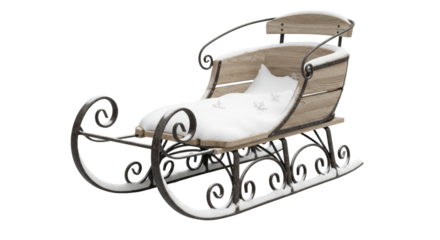 Vintage wooden winter sled with snow-covered seat and ornate metal runners
