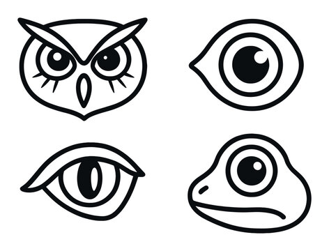 Graphic design icons of owl, fish, cat, and frog eyes in dark theme