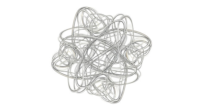 Intricate silver wire sculpture with interwoven loops and unique geometric design