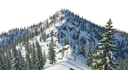 Snow-covered mountain peak with pine trees under clear winter sky
