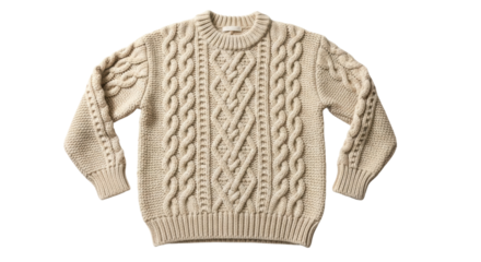 Warm beige cable knit sweater on black background