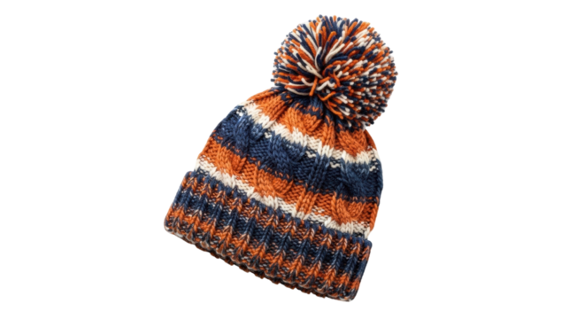 Colorful knitted winter hat with pom-pom in blue and orange stripes