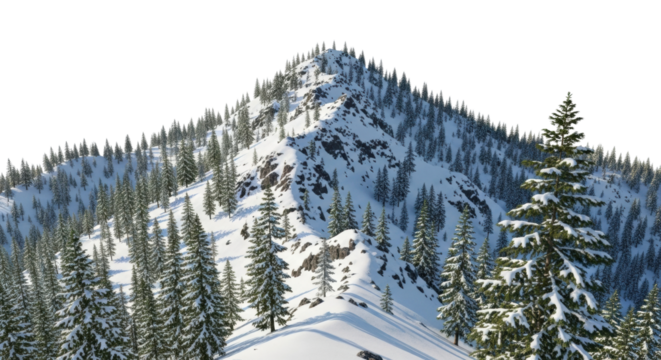 Snow-covered mountain peak with pine trees under clear winter sky