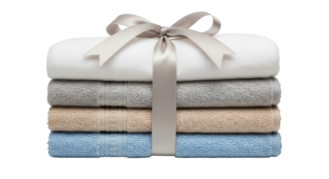Stack of soft towels with ribbon in various colors