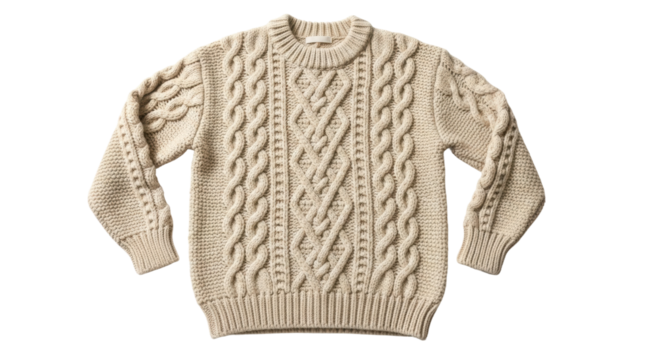 Warm beige cable knit sweater on black background