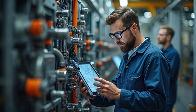 Engineer with beard and glasses uses tablet near complex machinery. Another technician stands behind him. Modern factory setting, digital tech integration is evident.