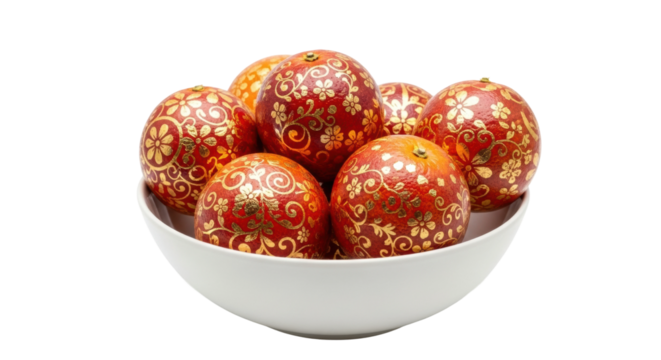 Artistic mandala patterned oranges in a white bowl on white background