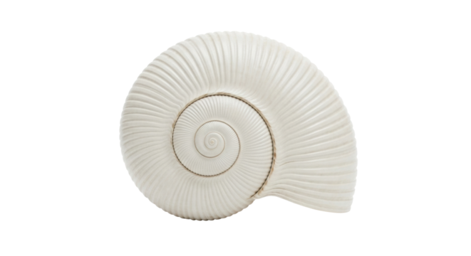 Detailed spiral shell with symmetrical curves on black background