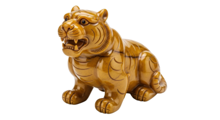 Carved wooden tiger sculpture with detailed fur and expressions