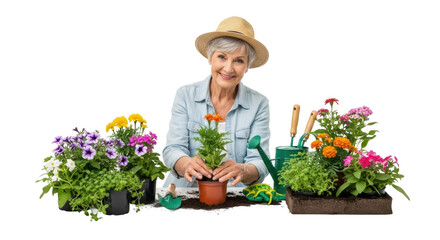 Elderly caucasian woman gardening with colorful flowers and tools