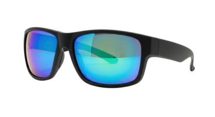 Reflective blue mirrored sunglasses with black frame on white background