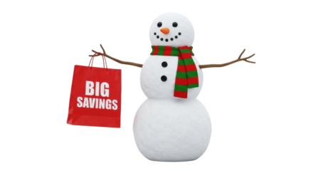 Festive snowman with shopping bag promoting winter holiday savings