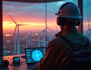 Engineer monitors wind farm from control room at sunset. Person watches turbines on laptop screen showing data. Renewable energy expert checks power output. Tech worker manages clean power generation.