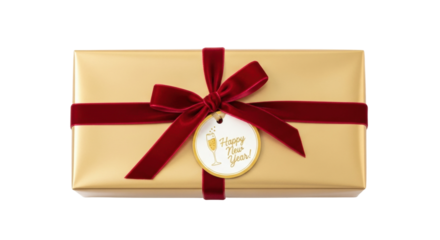 Golden gift box with red ribbon and happy new year tag