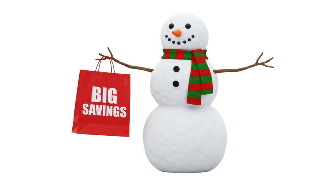 Festive snowman with shopping bag promoting winter holiday savings