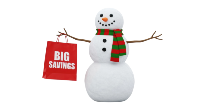 Festive snowman with shopping bag promoting winter holiday savings