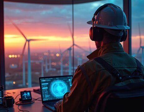 Engineer monitors wind farm from control room at sunset. Person watches turbines on laptop screen showing data. Renewable energy expert checks power output. Tech worker manages clean power generation.