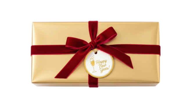Golden gift box with red ribbon and happy new year tag