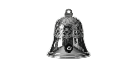 Ornate silver bell with intricate floral design on black background