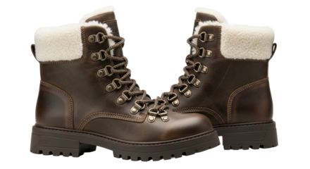 Brown leather winter boots with white fleece lining and thick soles