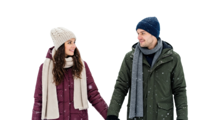 Caucasian young couple enjoying snowy winter walk together