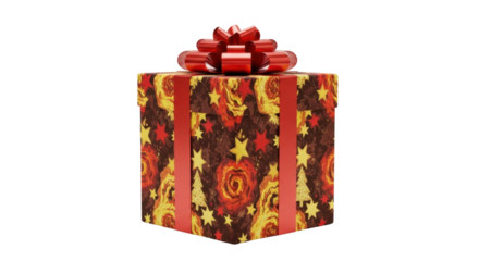 Decorative gift box with red bow and festive design featuring stars and swirls