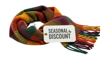 Colorful plaid scarf with seasonal discount tag on white background