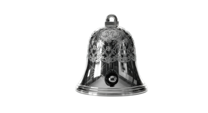 Ornate silver bell with intricate floral design on black background - Powered by Adobe